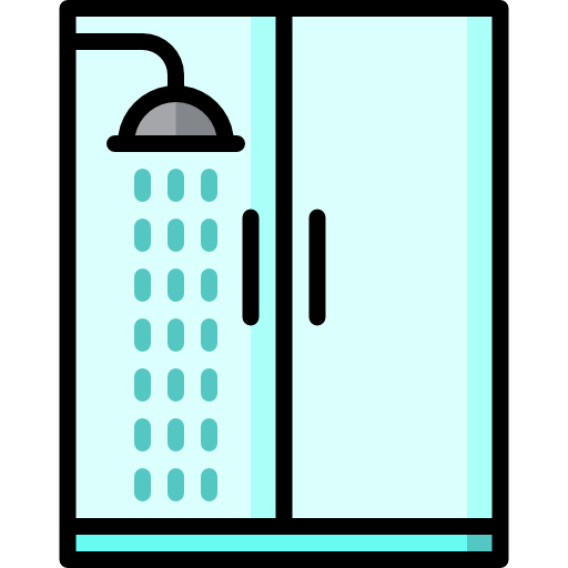 An illustrated diagram of a 2 dimensional walk in shower with a glass door